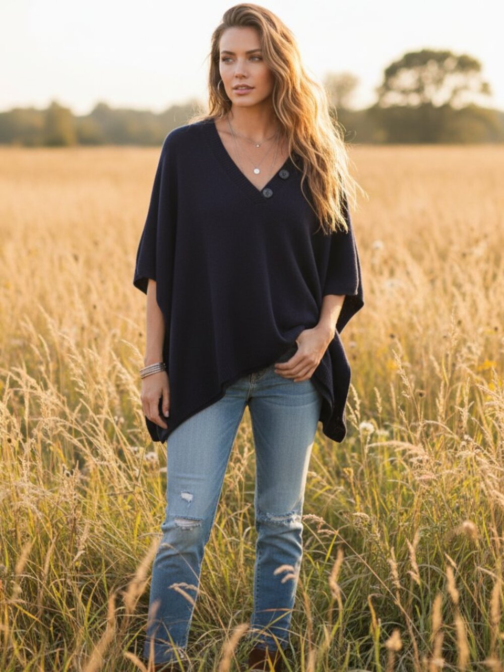 Loft XS S‎ Blue Button V Neck Poncho Oversized Sweater Boho Minimalist Coastal